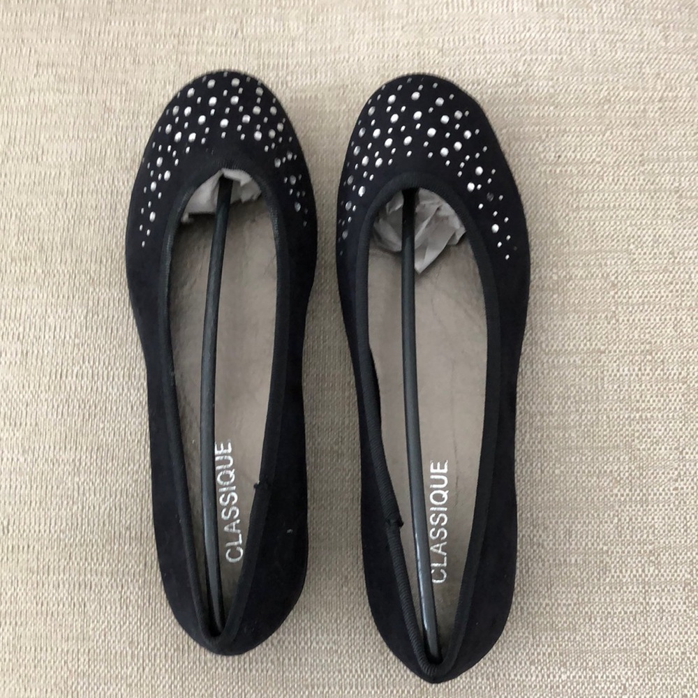 Black velvet flats with rhinestone toe area